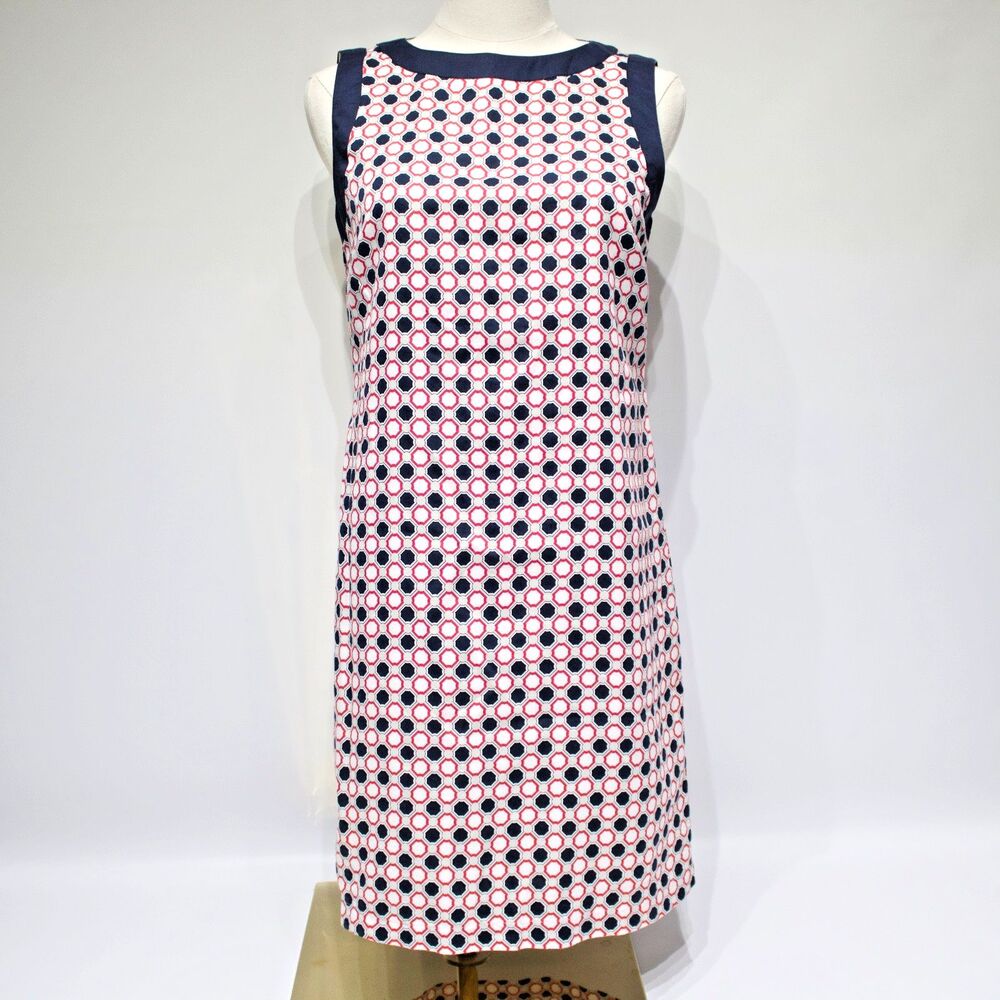 Brooks Brothers Navy Blue Red Geometric Pattern Shift Dress Woven Italy Women 2